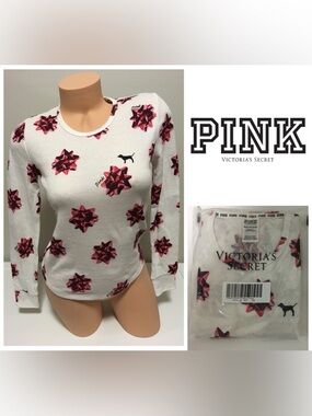 🆕VICTORIA’S SECRET PINK - XS - NWT - HOLIDAY BOW COZY WAFFLE SLEEP SHIRT